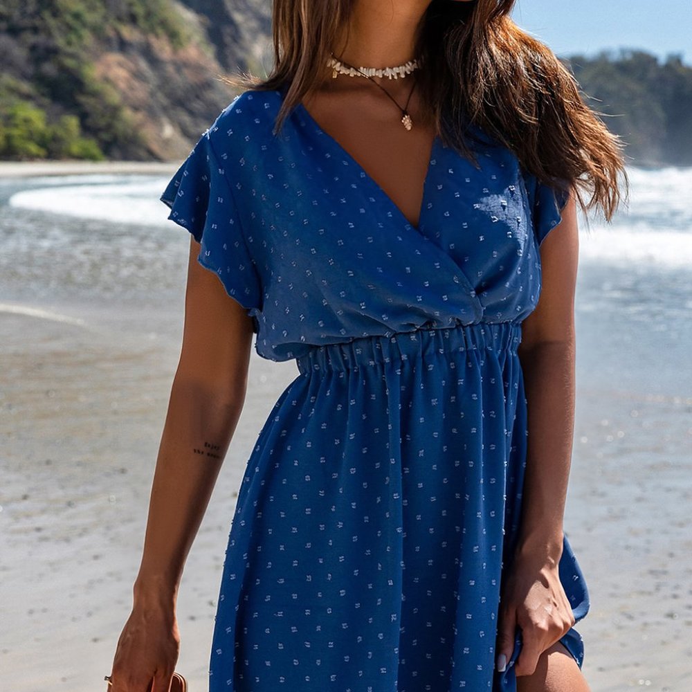 Sky Blue Swiss Dot V Neck Wrap Beach Dress - Picture 3 of 16